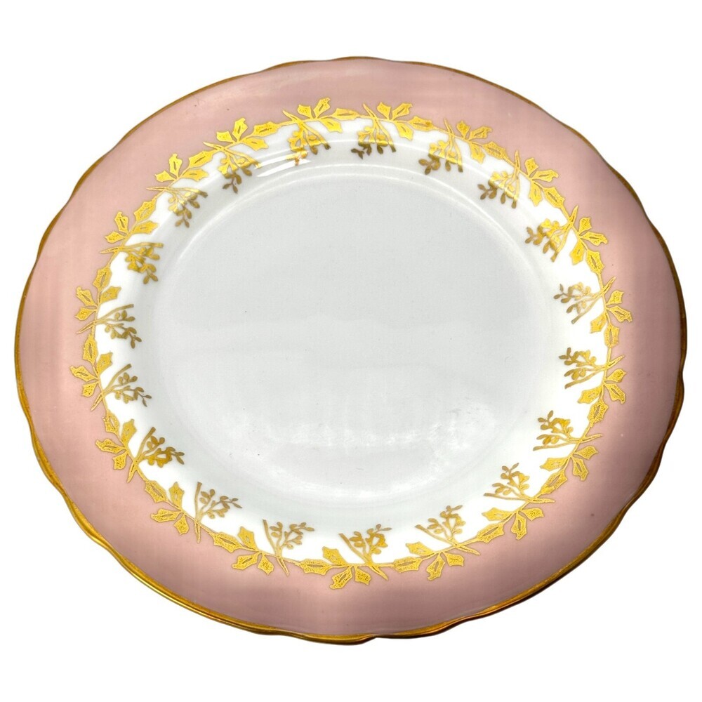 Aynsley Priscilla 6.25" Plate Pink White Bone China Gold Trim Leaf Rare Like New